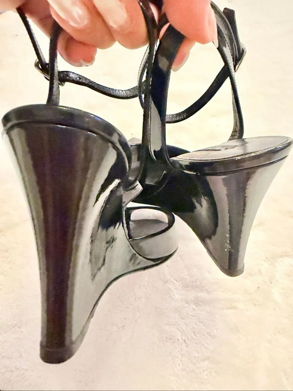 Ralph Lauren Collection Black Patent Leather Wedge Peep Toe Heels Size 7